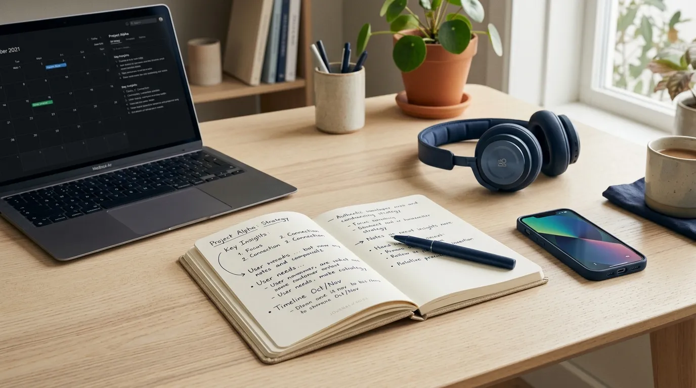 An open laptop showing a month calendar beside a handwritten notebook, headphones, a phone and a cup of coffee on a pale oak desk.