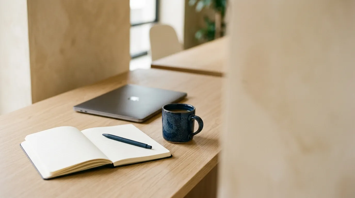 A notebook and a mug on a desk beside a window, nothing else on the surface.
