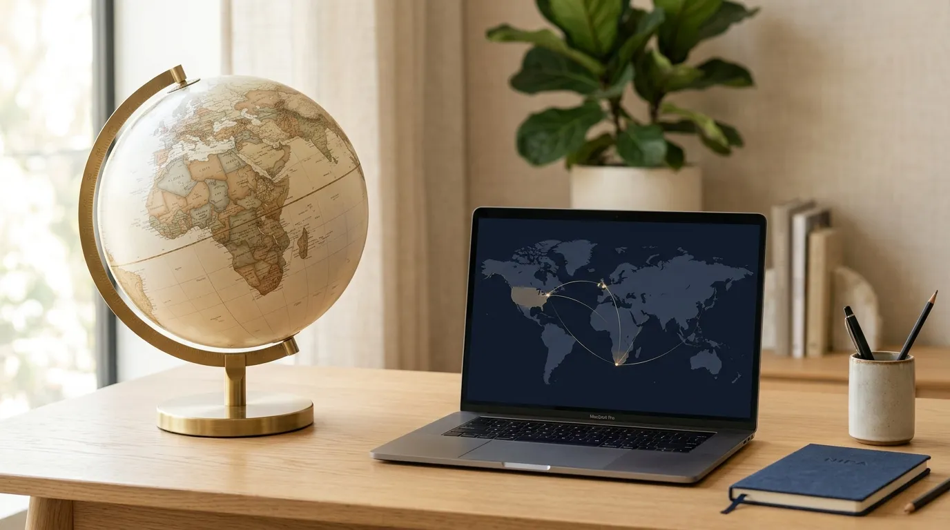 A desk globe beside an open laptop and a notebook, lit from a window on the left.