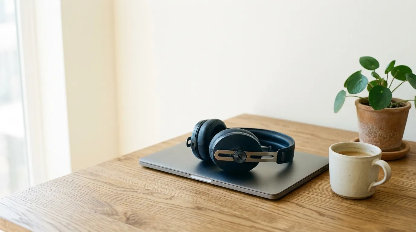 A headset resting on a closed laptop on an oak desk, a mug beside it.