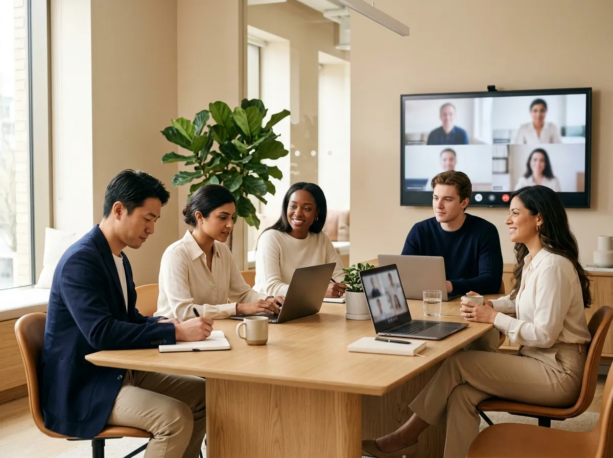 A video call open on a laptop screen, several people on the grid, a bright room behind.