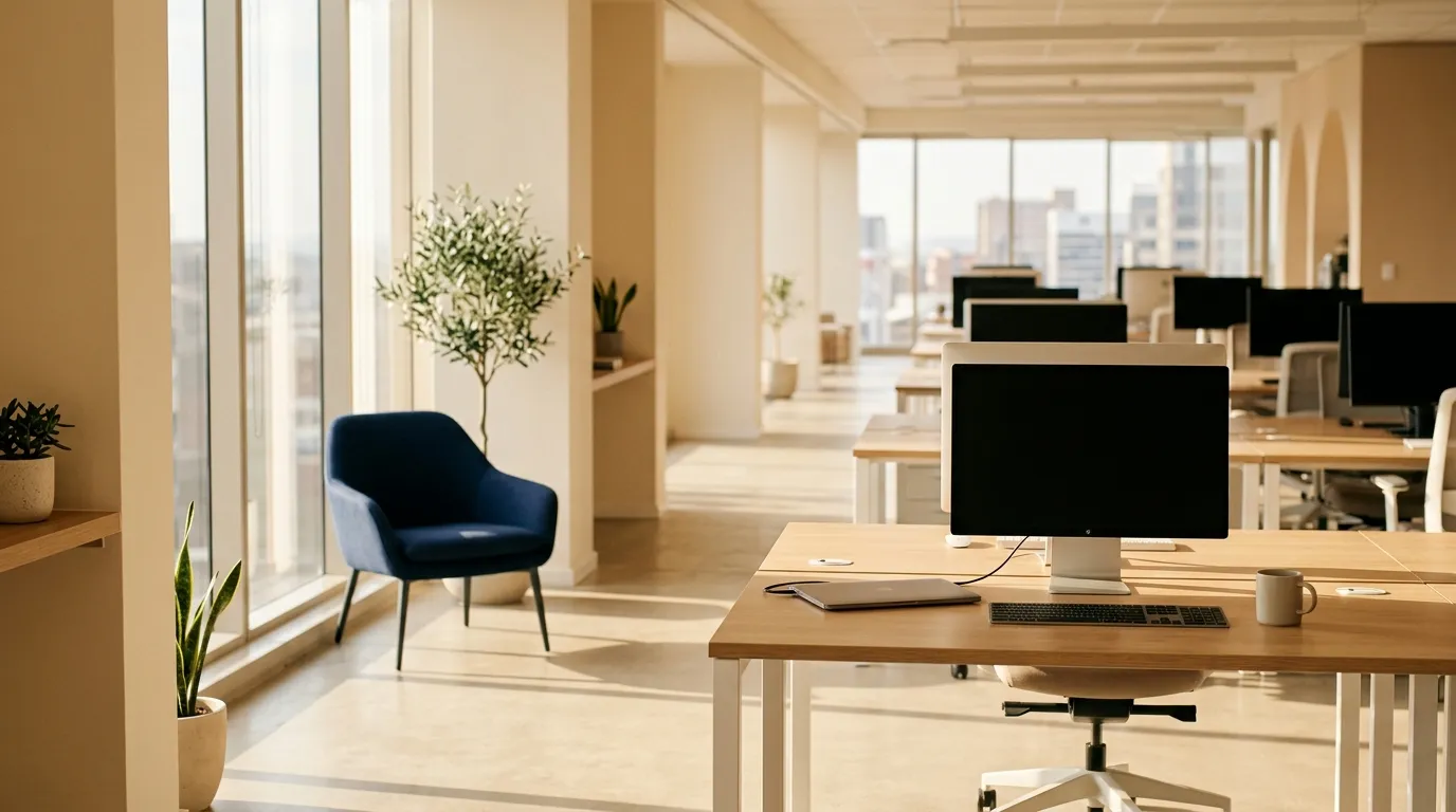 A modern open-plan office interior, empty, warm afternoon light through tall windows.
