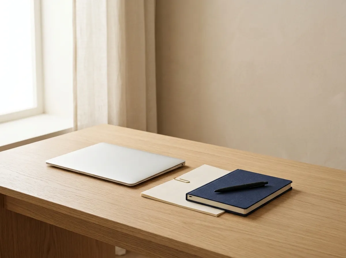 A tidy desk with a laptop, a stack of folders and a pen tray arranged in daylight.