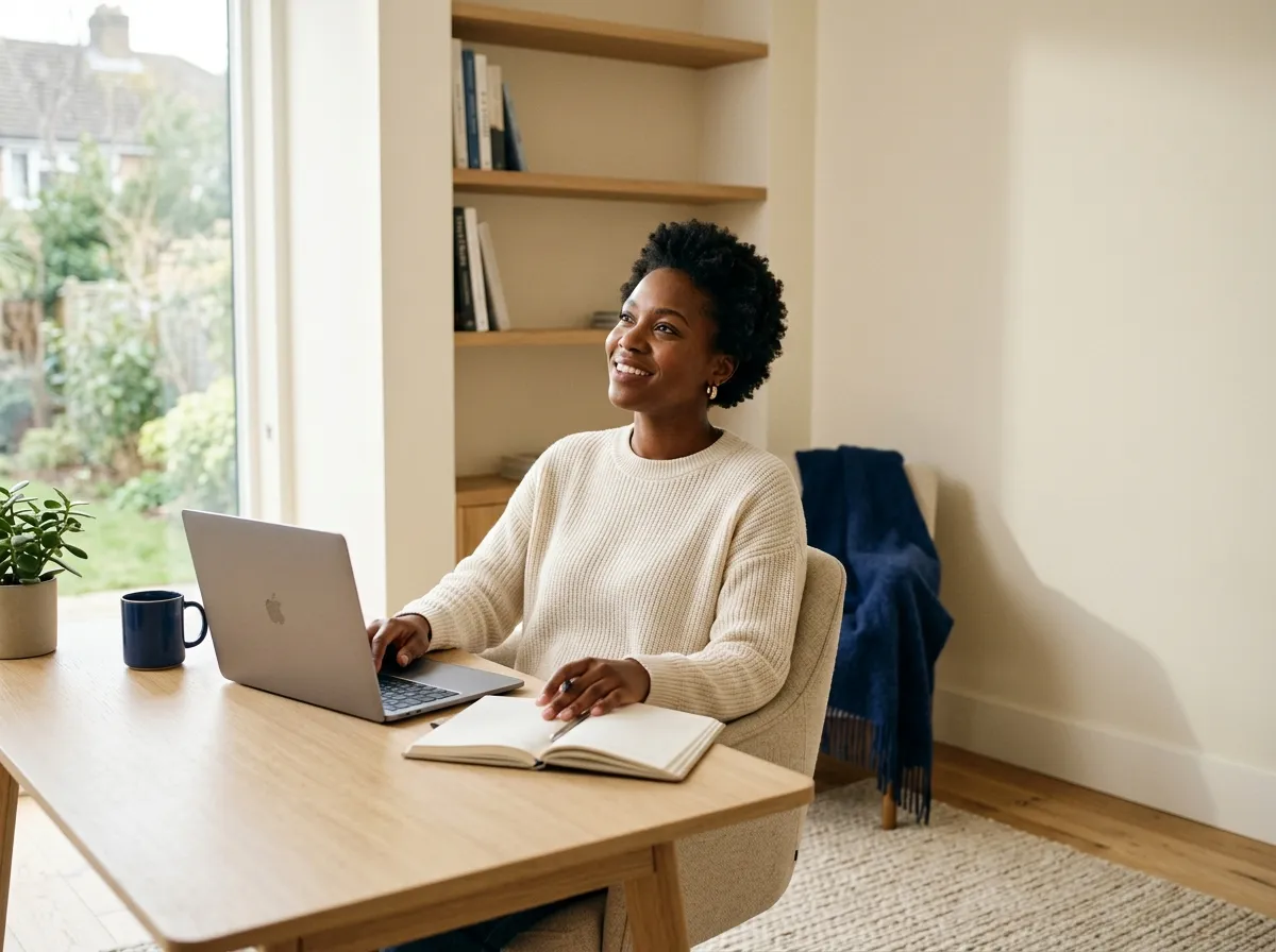 A professional working at a laptop in a quiet home office, cream walls and a tall window.