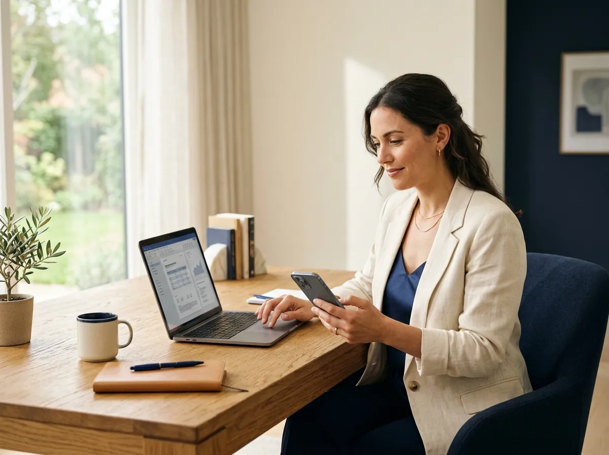 A professional at a desk with a laptop open and a phone in hand.