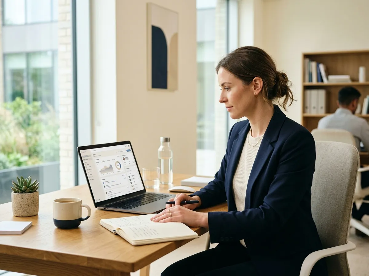 A professional in a navy blazer working at a laptop dashboard, an open notebook, a coffee cup and a small plant on the table alongside.