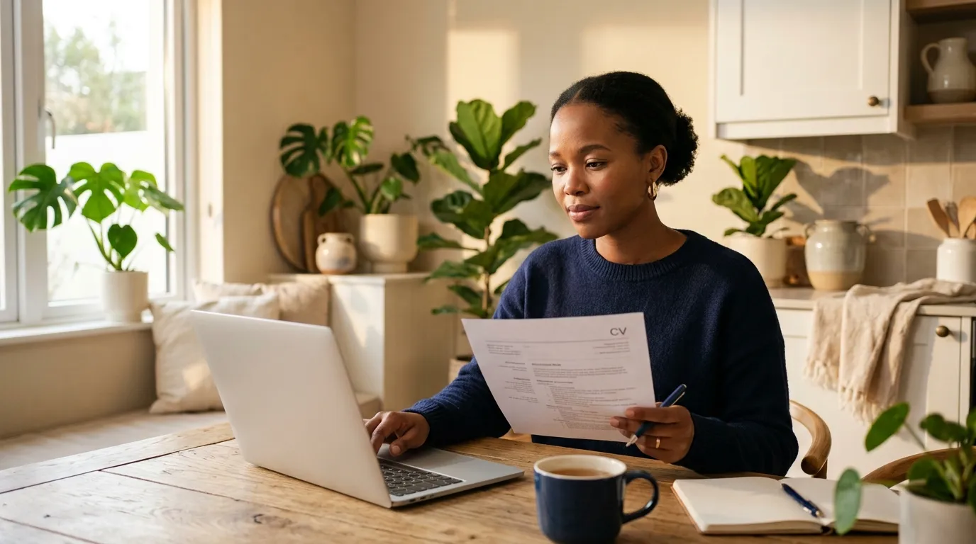 A laptop and a printed CV on a kitchen table in warm late-afternoon light.