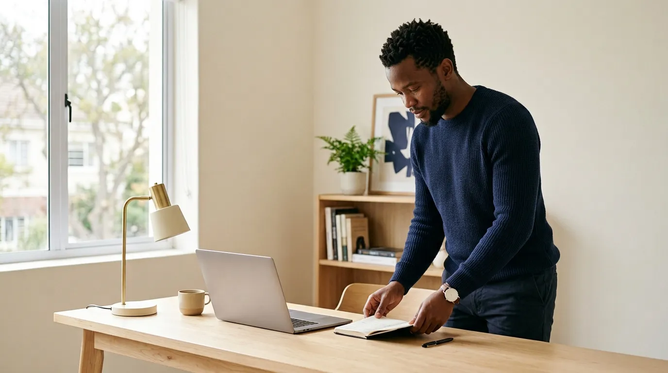 A person standing at a wooden desk in a home office, turning a page in an open notebook beside a laptop and a desk lamp.