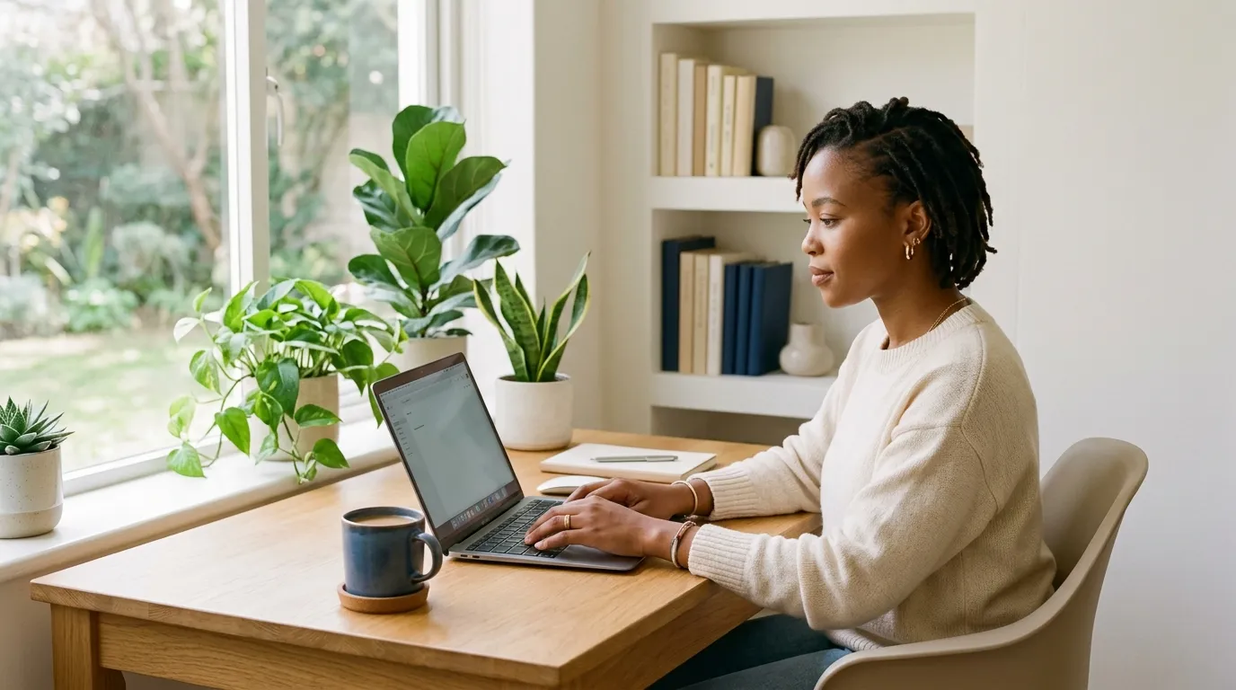 A professional working at a laptop in a bright home office, warm morning light.