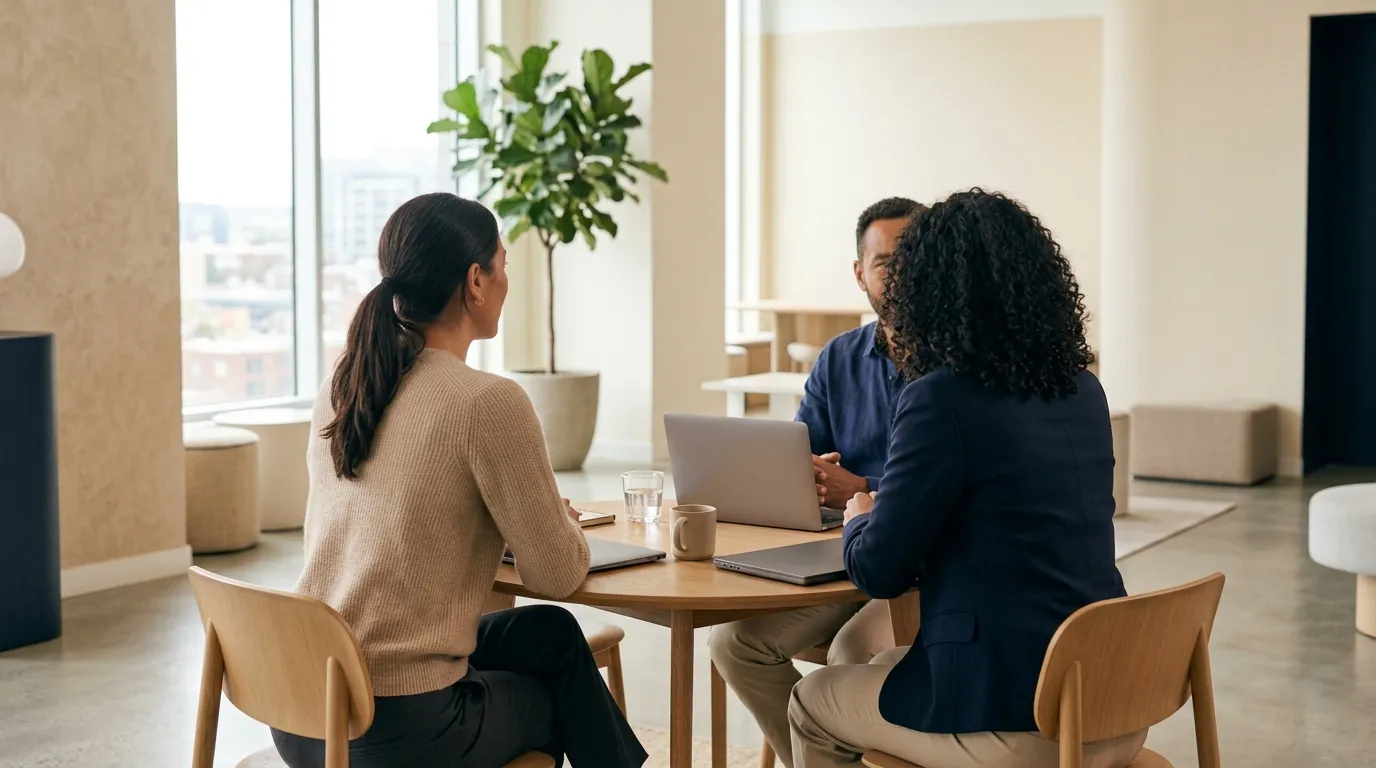 Colleagues talking around an oak table in a bright room, laptops closed.
