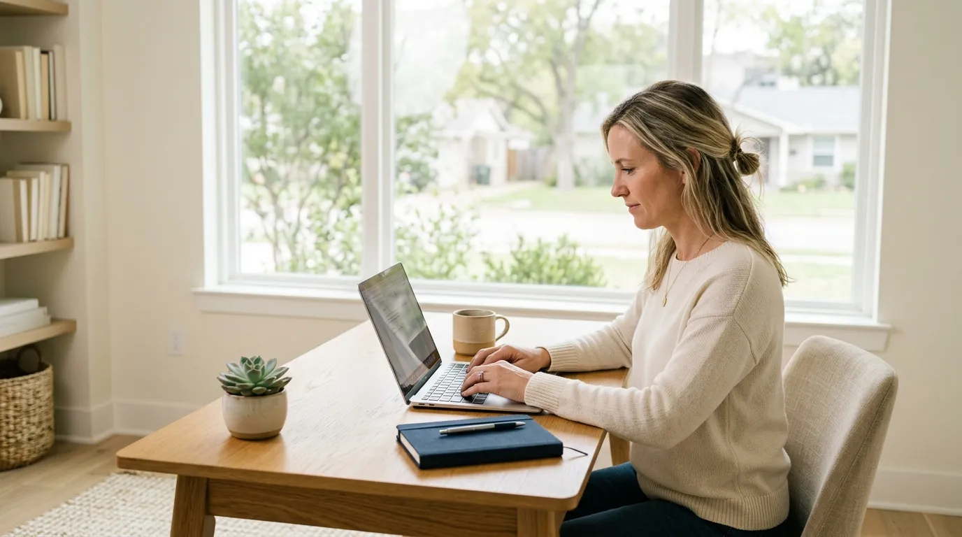 A business owner at a bright desk with a laptop and coffee, wide window behind.
